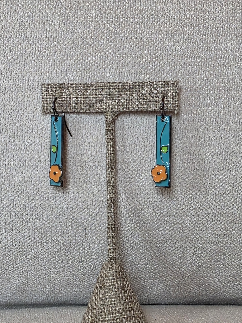 Turquoise Orange Floral Enamel Rectangle Dangle Earrings
